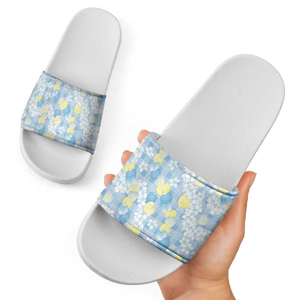 Anthurium Plumeria Lei Pastel Slide Sandals Blue Hawaiian Splendid Palaka