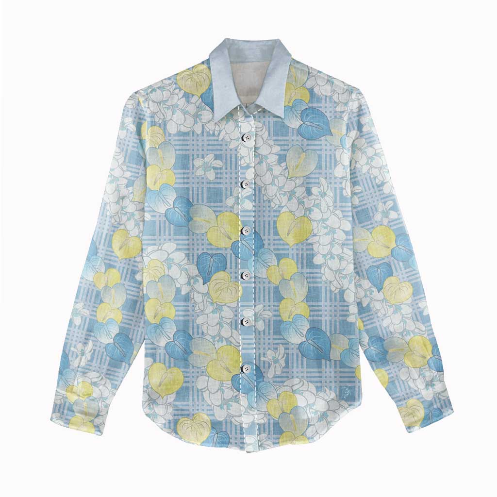 Anthurium Plumeria Lei Pastel Women Casual Shirt Blue Hawaiian Splendid Palaka LT01 - Polynesian Pride
