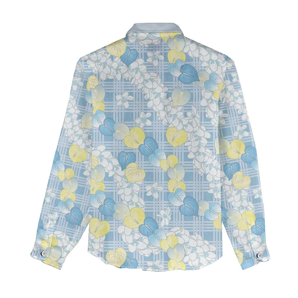 Anthurium Plumeria Lei Pastel Women Casual Shirt Blue Hawaiian Splendid Palaka LT01 - Polynesian Pride