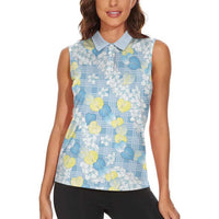 Anthurium Plumeria Lei Pastel Women Sleeveless Polo Shirt Blue Hawaiian Splendid Palaka
