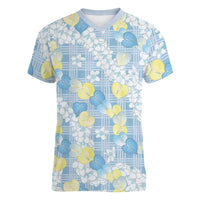 Anthurium Plumeria Lei Pastel Women V-Neck T-Shirt Blue Hawaiian Splendid Palaka LT01 Female Blue - Polynesian Pride