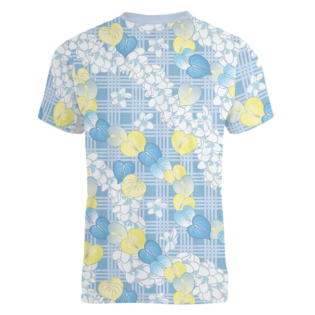 Anthurium Plumeria Lei Pastel Women V-Neck T-Shirt Blue Hawaiian Splendid Palaka LT01 - Polynesian Pride
