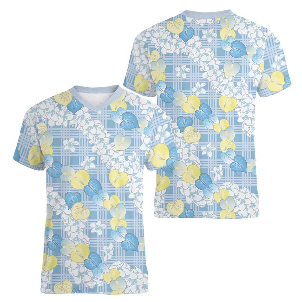 Anthurium Plumeria Lei Pastel Women V-Neck T-Shirt Blue Hawaiian Splendid Palaka LT01 - Polynesian Pride