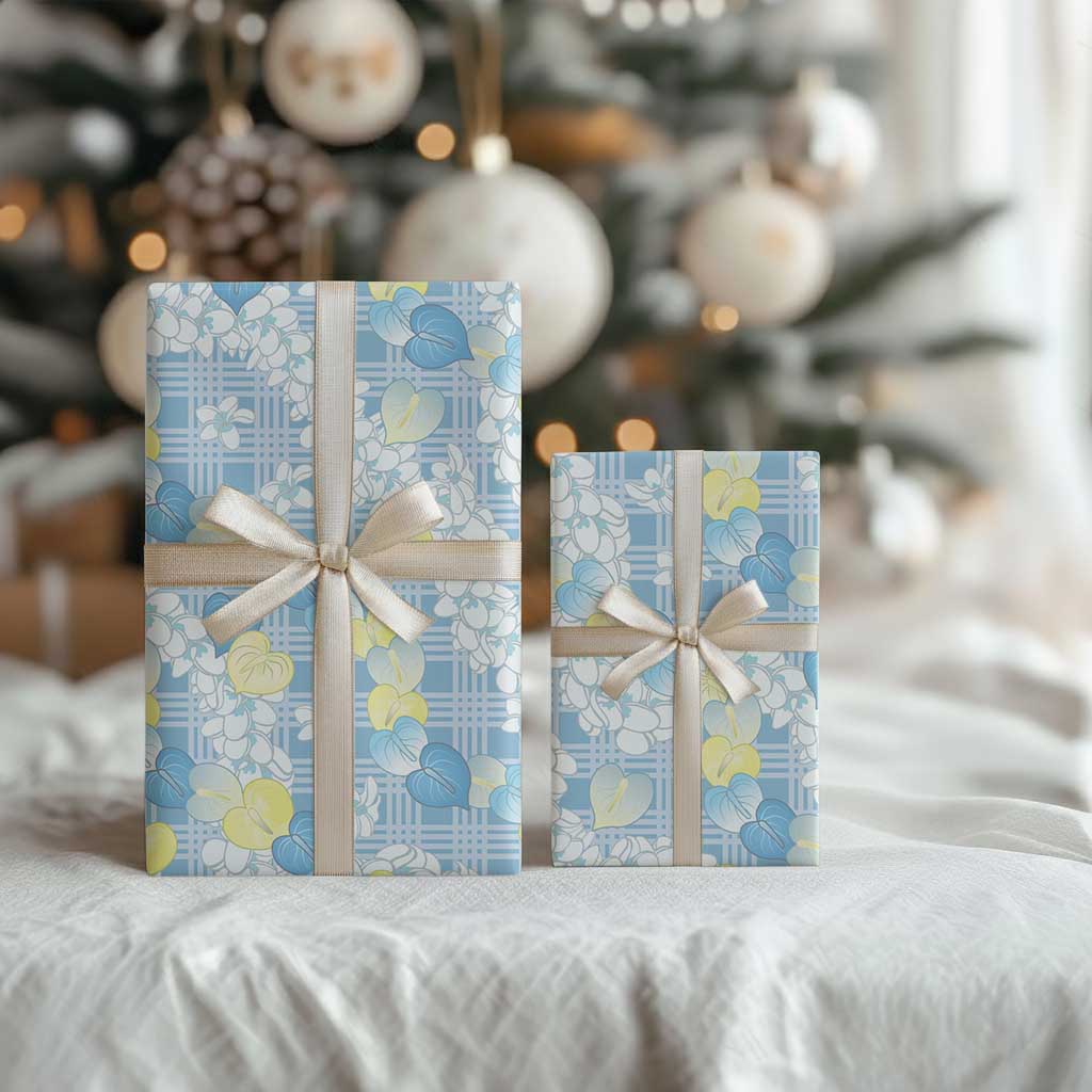 Anthurium Plumeria Lei Pastel Wrapping Paper Blue Hawaiian Splendid Palaka