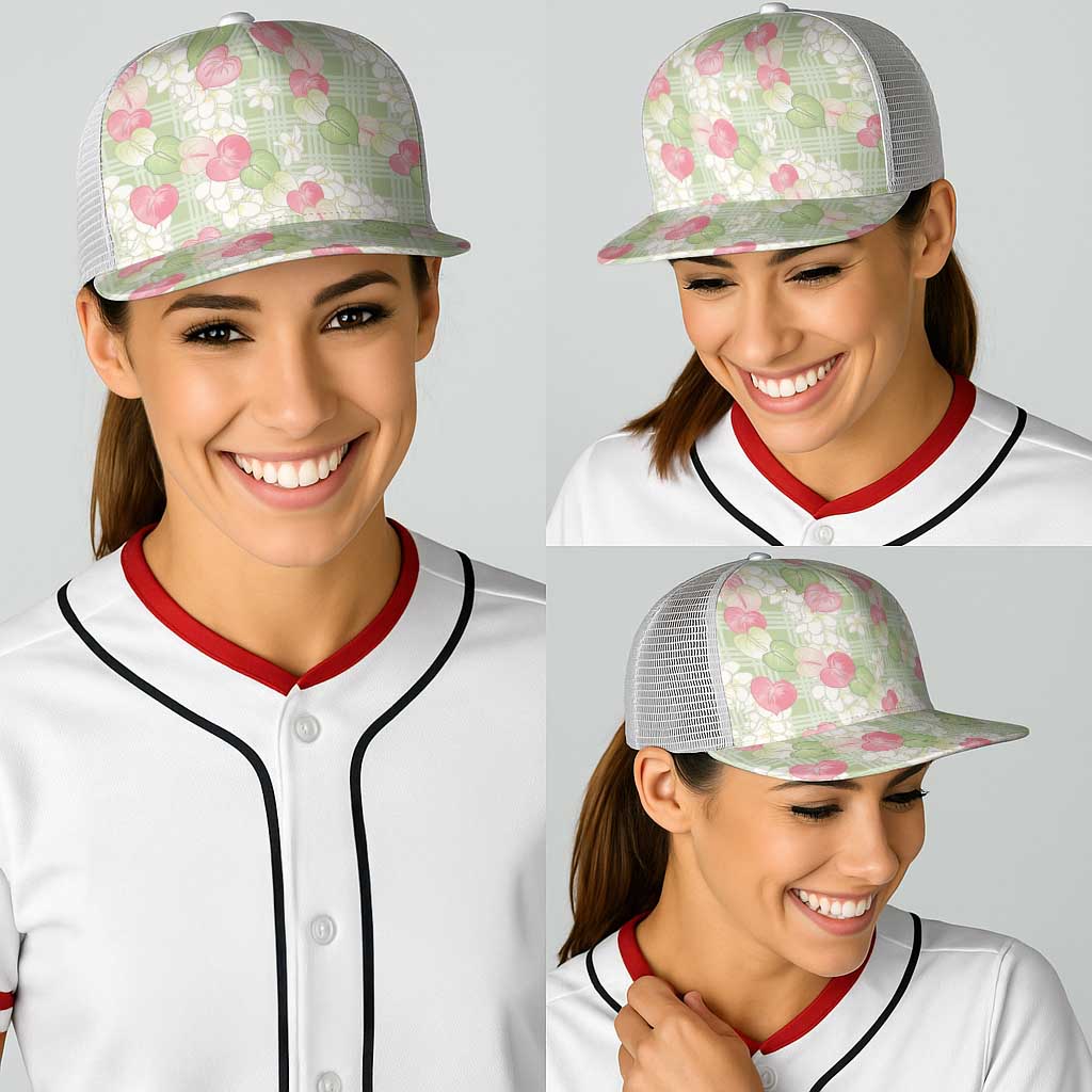 Anthurium Plumeria Lei Pastel Baseball Net Cap Green Hawaiian Splendid Palaka