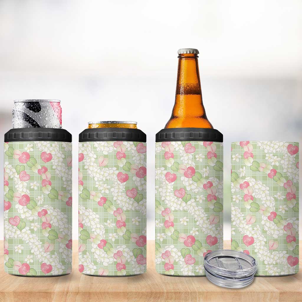 Anthurium Plumeria Lei Pastel 4 in 1 Can Cooler Tumbler Green Hawaiian Splendid Palaka LT01 - Polynesian Pride
