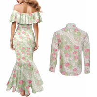 Anthurium Plumeria Lei Pastel Couples Matching Mermaid Dress and Long Sleeve Button Shirt Green Hawaiian Splendid Palaka LT01 - Polynesian Pride