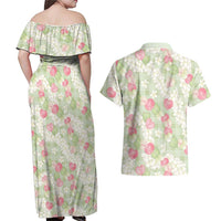 Anthurium Plumeria Lei Pastel Couples Matching Off Shoulder Maxi Dress and Hawaiian Shirt Green Hawaiian Splendid Palaka LT01 - Polynesian Pride