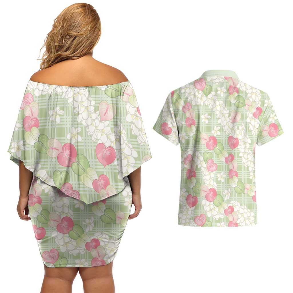 Anthurium Plumeria Lei Pastel Couples Matching Off Shoulder Short Dress and Hawaiian Shirt Green Hawaiian Splendid Palaka LT01 - Polynesian Pride