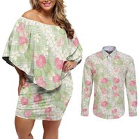 Anthurium Plumeria Lei Pastel Couples Matching Off Shoulder Short Dress and Long Sleeve Button Shirt Green Hawaiian Splendid Palaka LT01 Green - Polynesian Pride