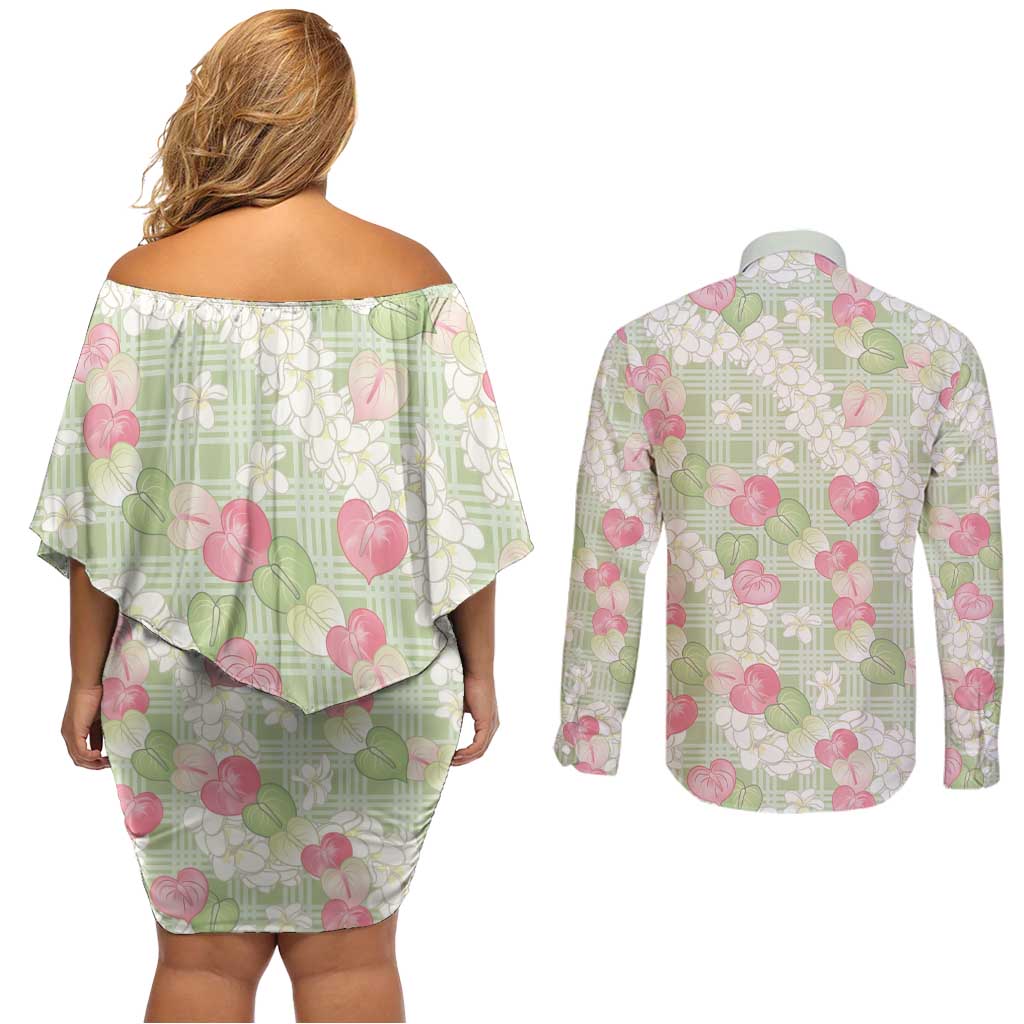 Anthurium Plumeria Lei Pastel Couples Matching Off Shoulder Short Dress and Long Sleeve Button Shirt Green Hawaiian Splendid Palaka LT01 - Polynesian Pride