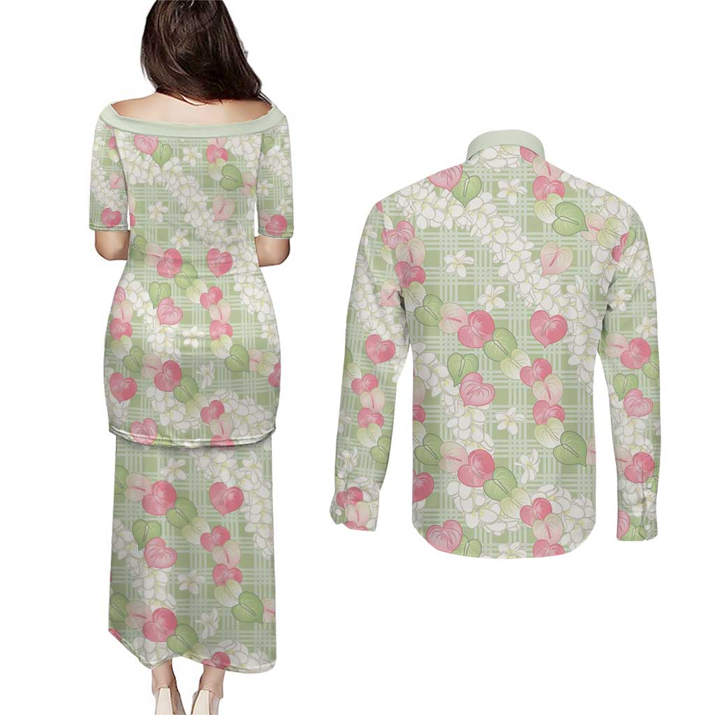 Anthurium Plumeria Lei Pastel Couples Matching Puletasi and Long Sleeve Button Shirt Green Hawaiian Splendid Palaka LT01 - Polynesian Pride