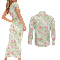 Anthurium Plumeria Lei Pastel Couples Matching Short Sleeve Bodycon Dress and Long Sleeve Button Shirt Green Hawaiian Splendid Palaka LT01 - Polynesian Pride
