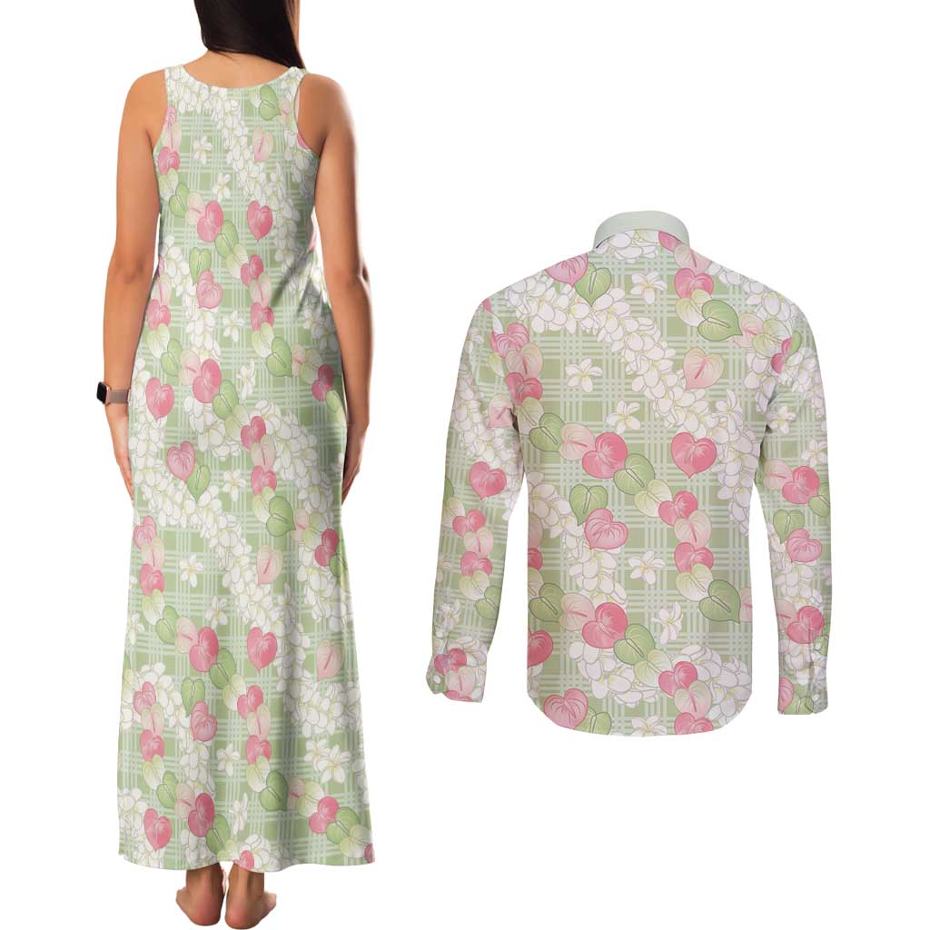 Anthurium Plumeria Lei Pastel Couples Matching Tank Maxi Dress and Long Sleeve Button Shirt Green Hawaiian Splendid Palaka LT01 - Polynesian Pride