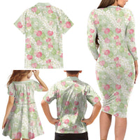 Anthurium Plumeria Lei Pastel Family Matching Long Sleeve Bodycon Dress and Hawaiian Shirt Green Hawaiian Splendid Palaka LT01 - Polynesian Pride