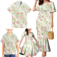 Anthurium Plumeria Lei Pastel Family Matching Mermaid Dress and Hawaiian Shirt Green Hawaiian Splendid Palaka LT01 - Polynesian Pride