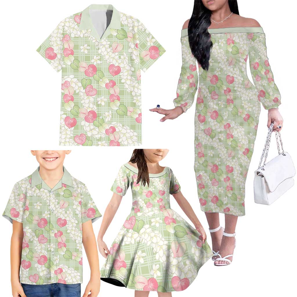 Anthurium Plumeria Lei Pastel Family Matching Off The Shoulder Long Sleeve Dress and Hawaiian Shirt Green Hawaiian Splendid Palaka