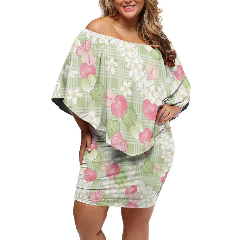 Anthurium Plumeria Lei Pastel Family Matching Off Shoulder Short Dress and Hawaiian Shirt Green Hawaiian Splendid Palaka LT01 Mom's Dress Green - Polynesian Pride