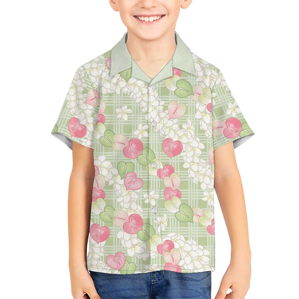 Anthurium Plumeria Lei Pastel Family Matching Puletasi and Hawaiian Shirt Green Hawaiian Splendid Palaka