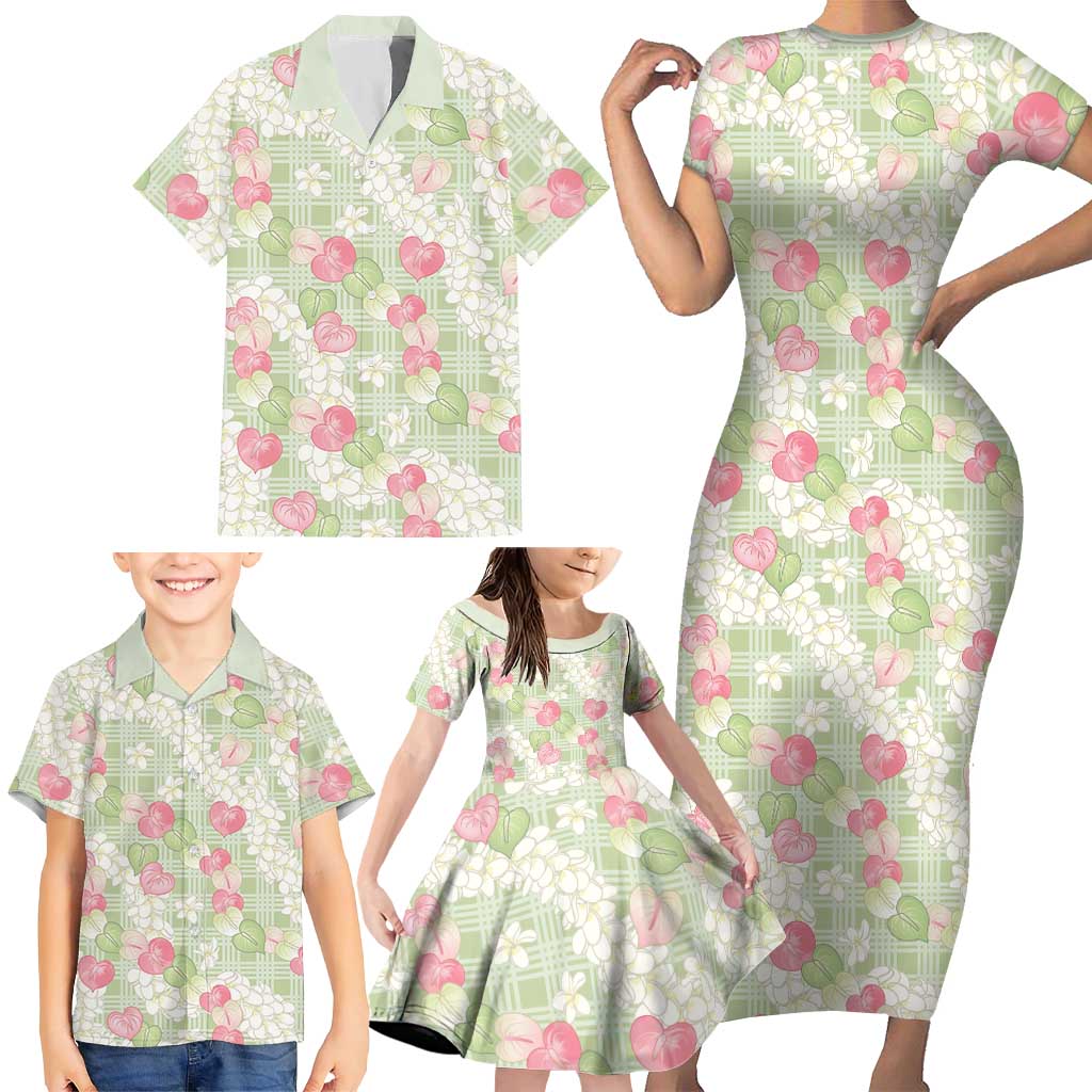 Anthurium Plumeria Lei Pastel Family Matching Short Sleeve Bodycon Dress and Hawaiian Shirt Green Hawaiian Splendid Palaka