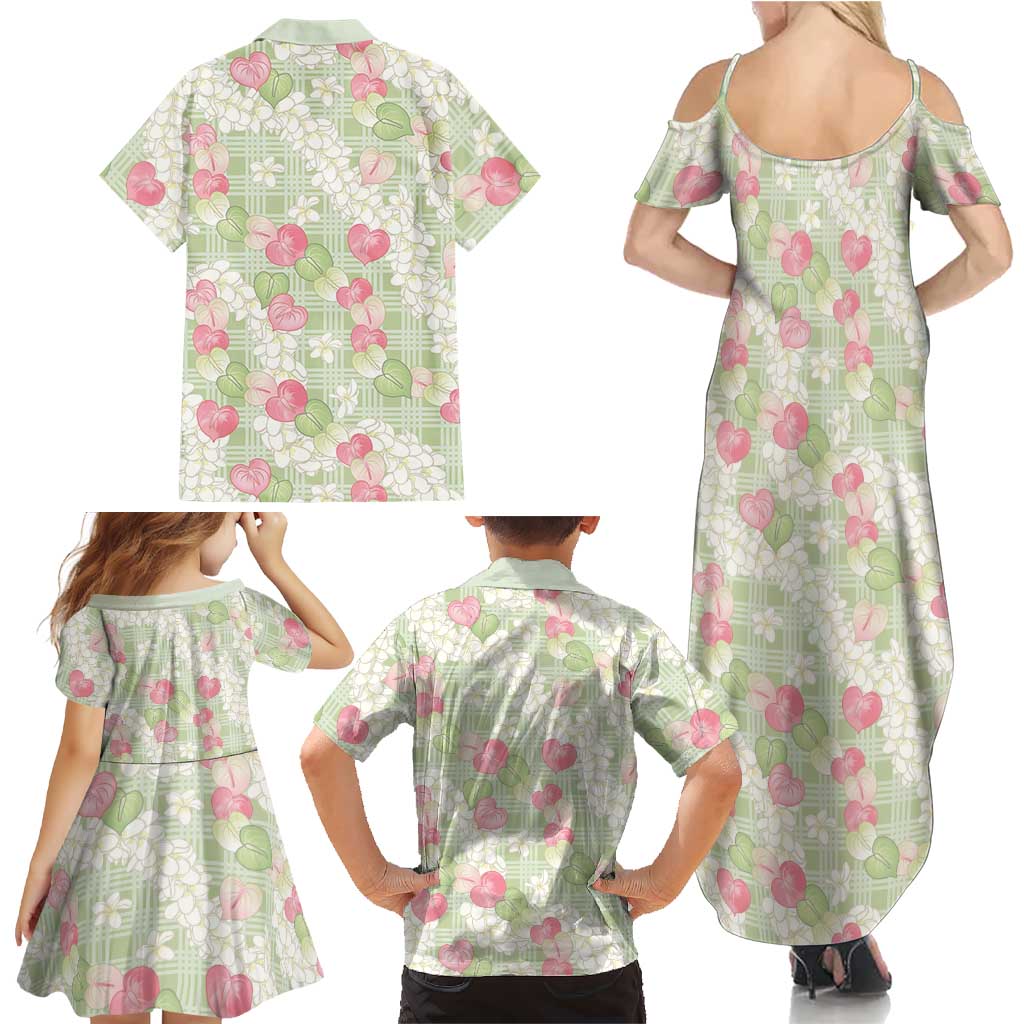 Anthurium Plumeria Lei Pastel Family Matching Summer Maxi Dress and Hawaiian Shirt Green Hawaiian Splendid Palaka