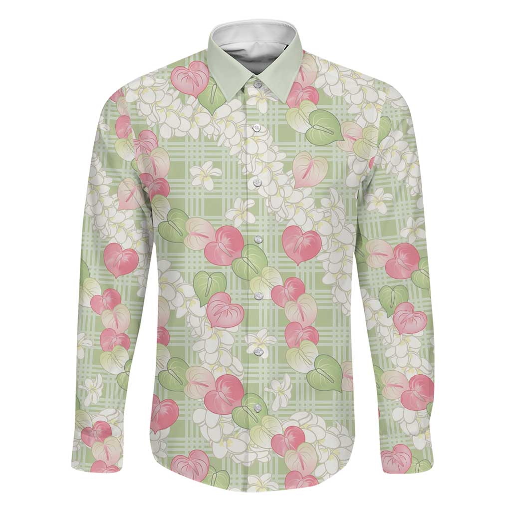 Anthurium Plumeria Lei Pastel Family Matching Tank Maxi Dress and Hawaiian Shirt Green Hawaiian Splendid Palaka LT01 Dad's Shirt - Long Sleeve Green - Polynesian Pride