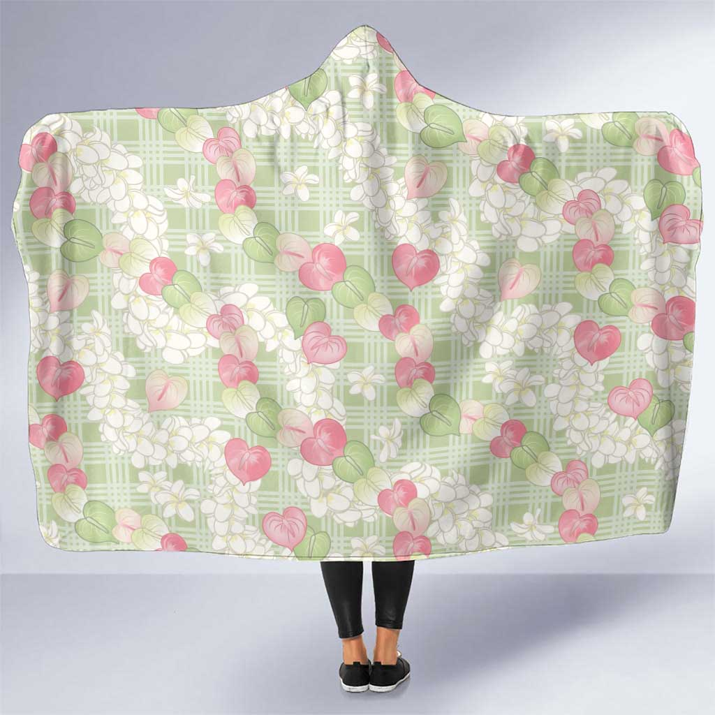 Anthurium Plumeria Lei Pastel Hooded Blanket Green Hawaiian Splendid Palaka LT01 One Size Green - Polynesian Pride