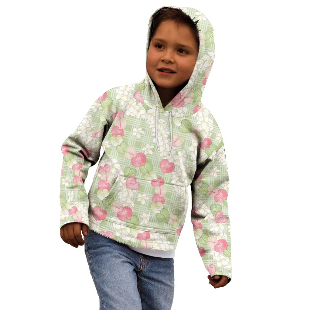 Anthurium Plumeria Lei Pastel Kid Hoodie Green Hawaiian Splendid Palaka