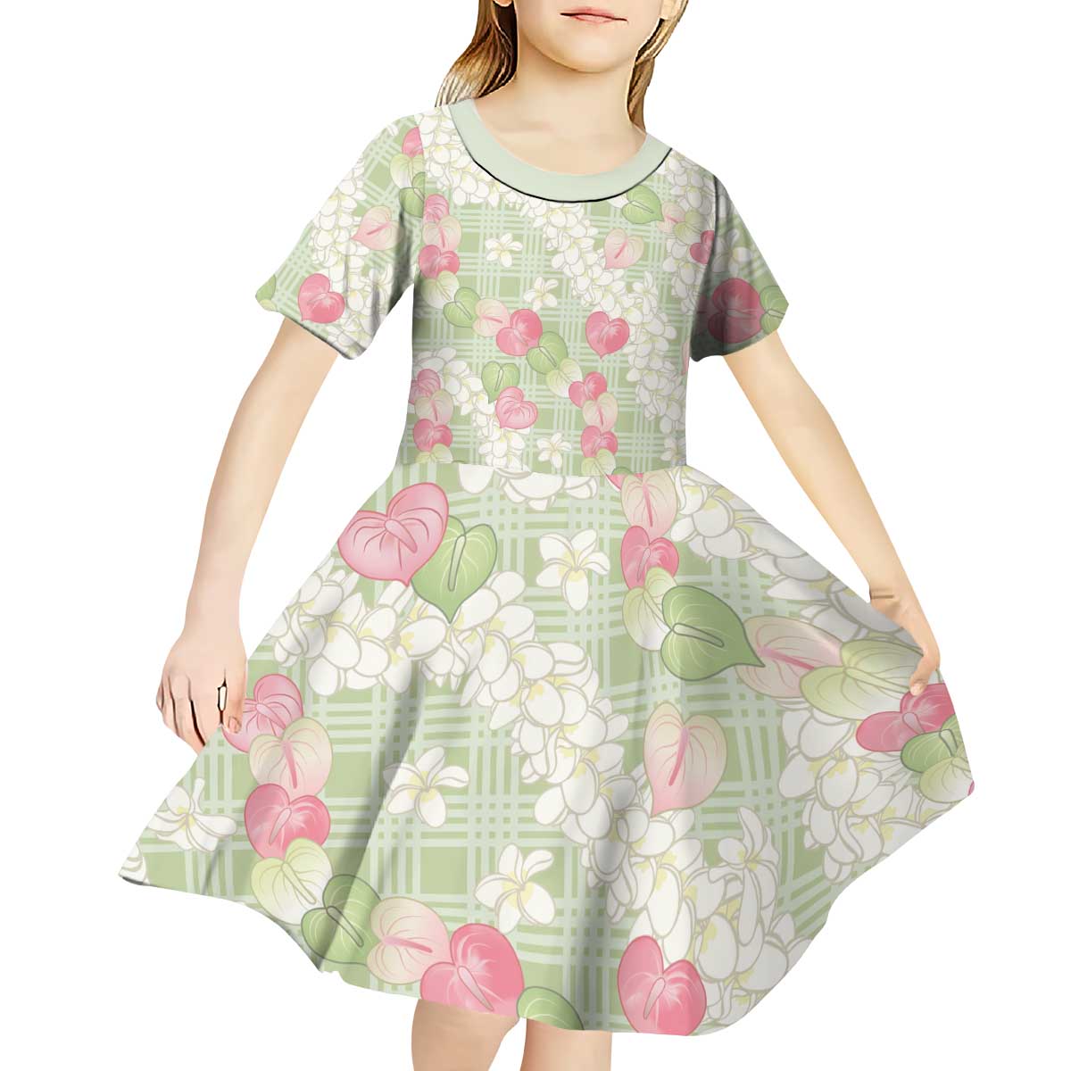 Anthurium Plumeria Lei Pastel Kid Short Sleeve Dress Green Hawaiian Splendid Palaka