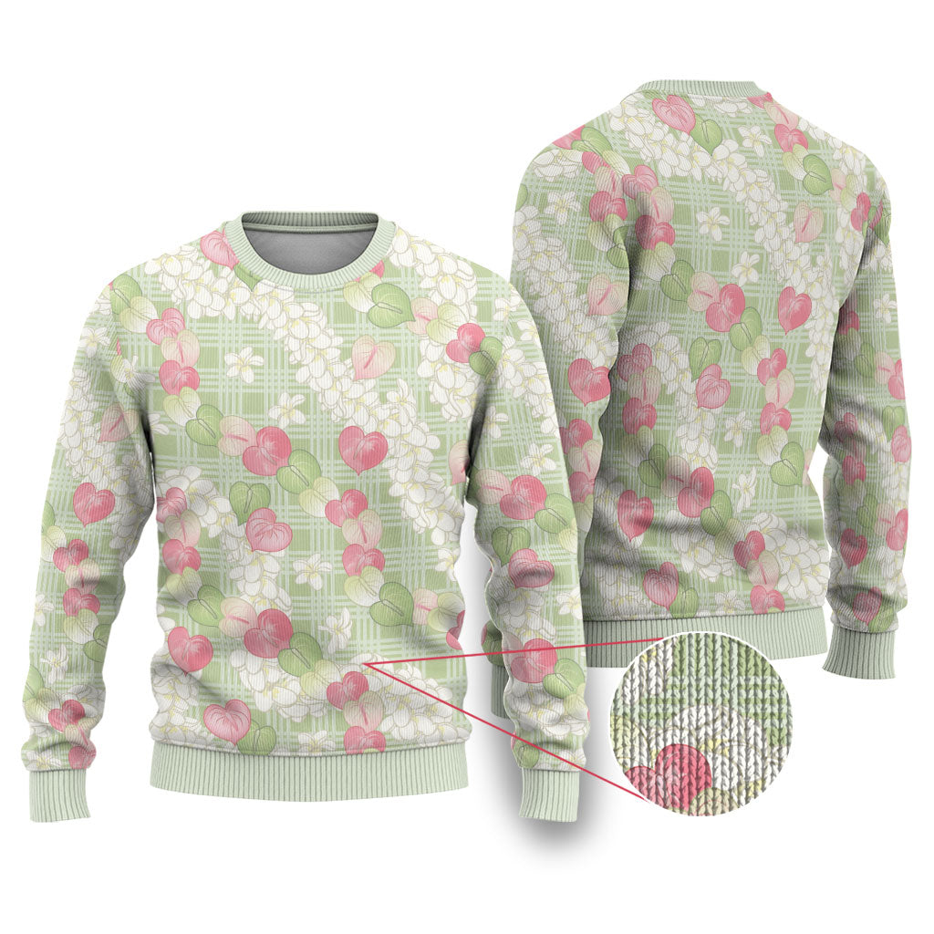 Anthurium Plumeria Lei Pastel Ugly Christmas Sweater Green Hawaiian Splendid Palaka LT01 Green - Polynesian Pride