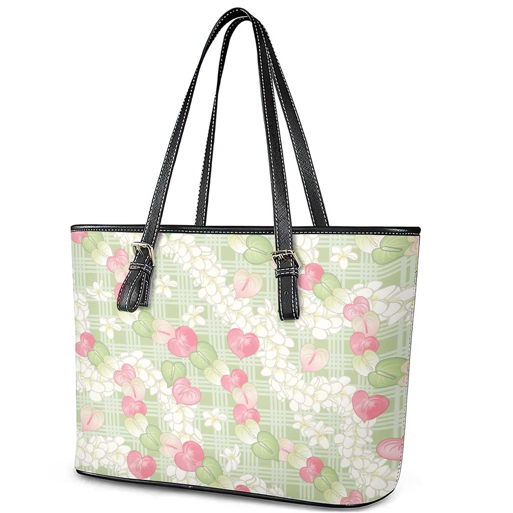 Anthurium Plumeria Lei Pastel Leather Tote Bag Green Hawaiian Splendid Palaka