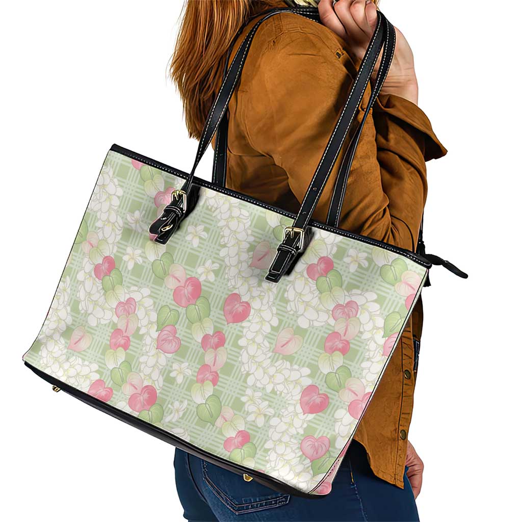 Anthurium Plumeria Lei Pastel Leather Tote Bag Green Hawaiian Splendid Palaka