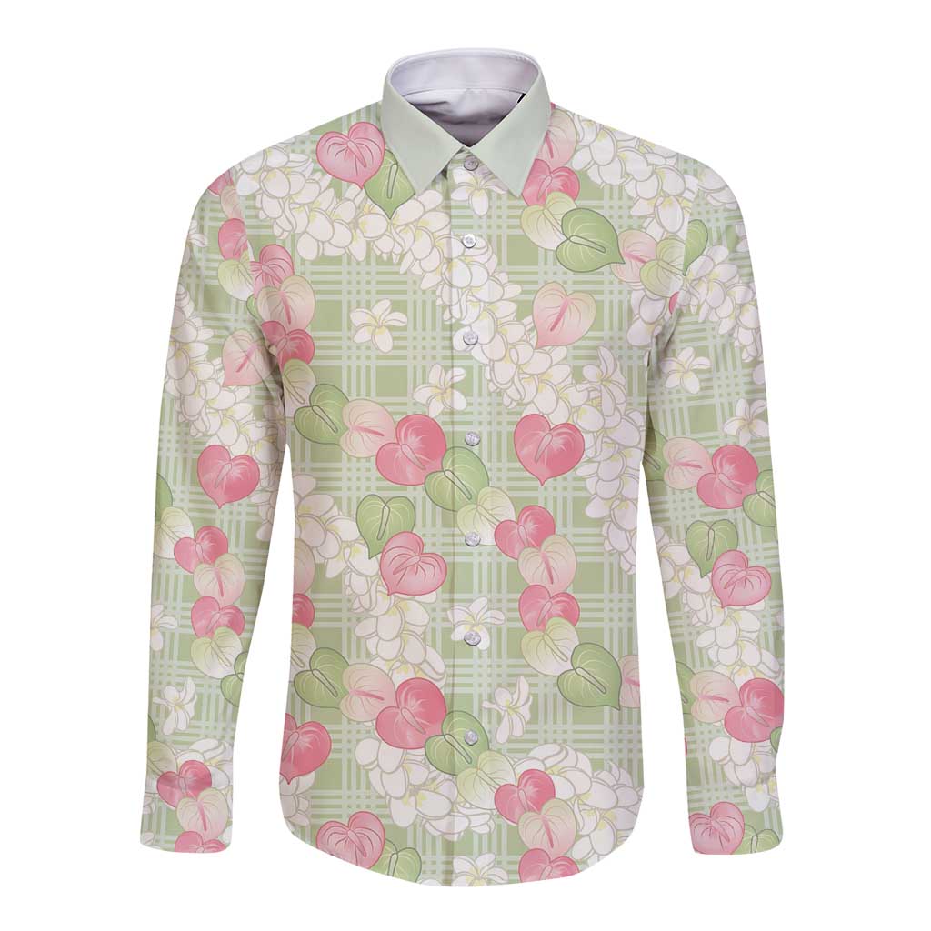 Anthurium Plumeria Lei Pastel Long Sleeve Button Shirt Green Hawaiian Splendid Palaka