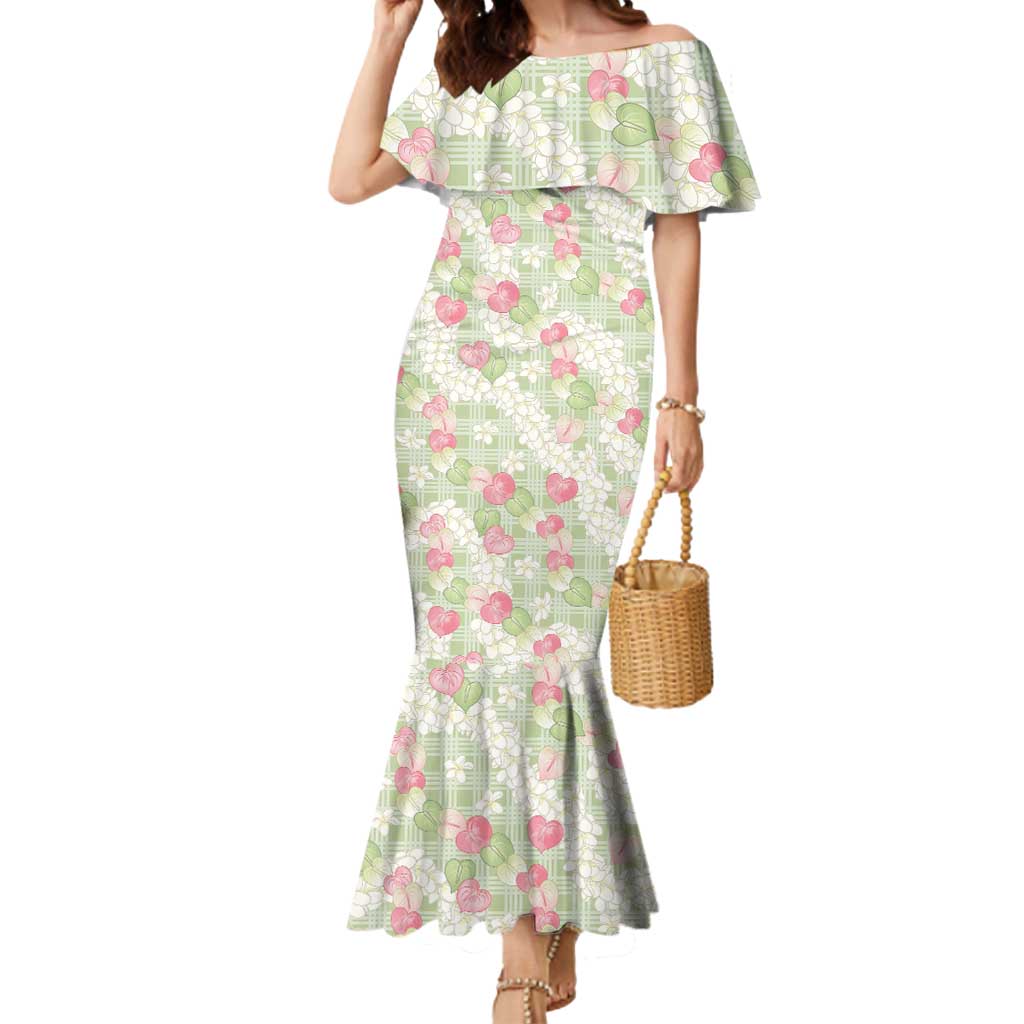 Anthurium Plumeria Lei Pastel Mermaid Dress Green Hawaiian Splendid Palaka