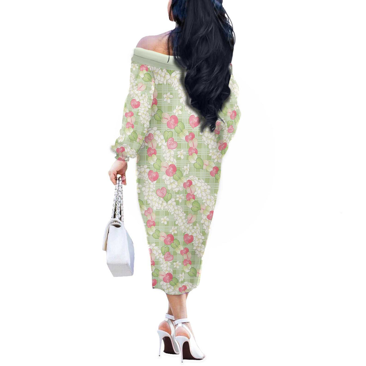 Anthurium Plumeria Lei Pastel Off The Shoulder Long Sleeve Dress Green Hawaiian Splendid Palaka
