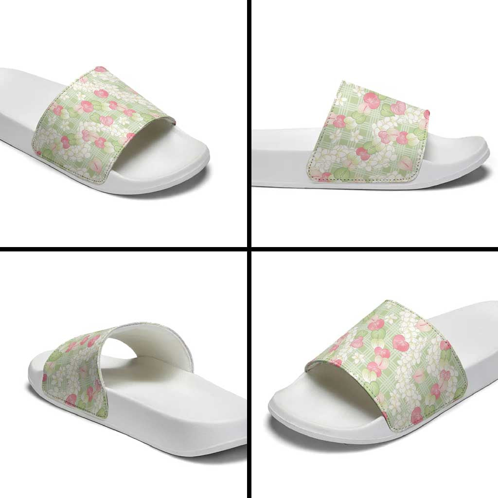 Anthurium Plumeria Lei Pastel Slide Sandals Green Hawaiian Splendid Palaka