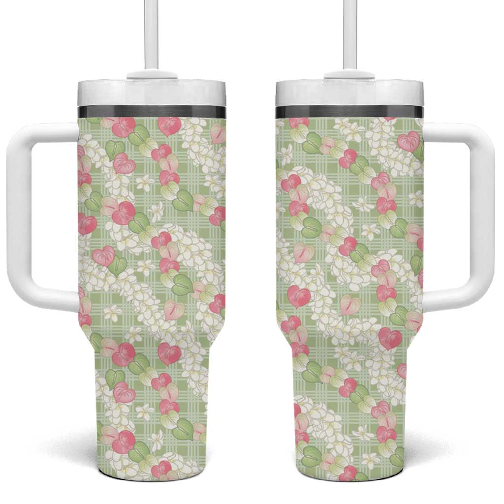 Anthurium Plumeria Lei Pastel Tumbler With Handle Green Hawaiian Splendid Palaka