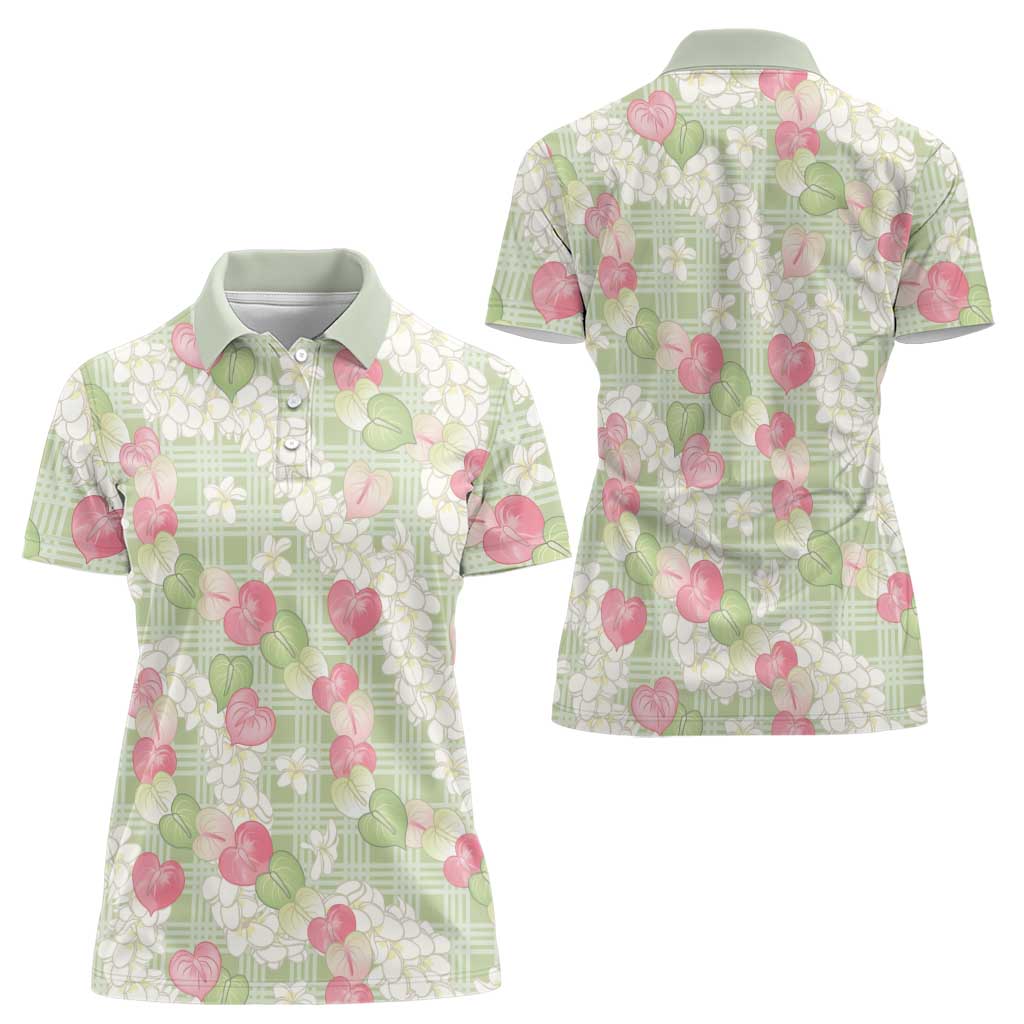 Anthurium Plumeria Lei Pastel Women Polo Shirt Green Hawaiian Splendid Palaka LT01 - Polynesian Pride