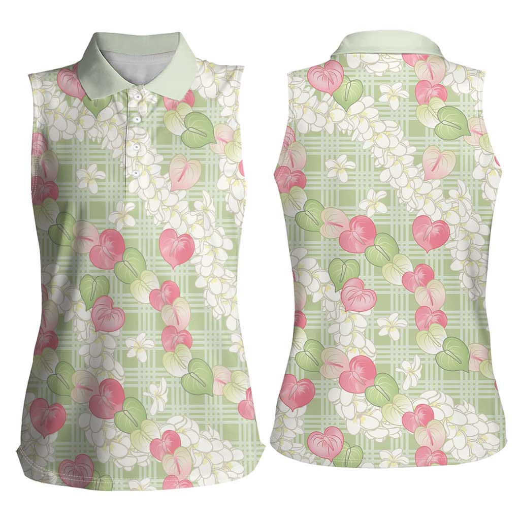 Anthurium Plumeria Lei Pastel Women Sleeveless Polo Shirt Green Hawaiian Splendid Palaka LT01 - Polynesian Pride