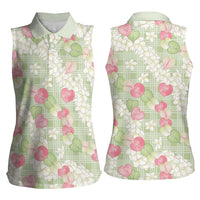 Anthurium Plumeria Lei Pastel Women Sleeveless Polo Shirt Green Hawaiian Splendid Palaka LT01 - Polynesian Pride