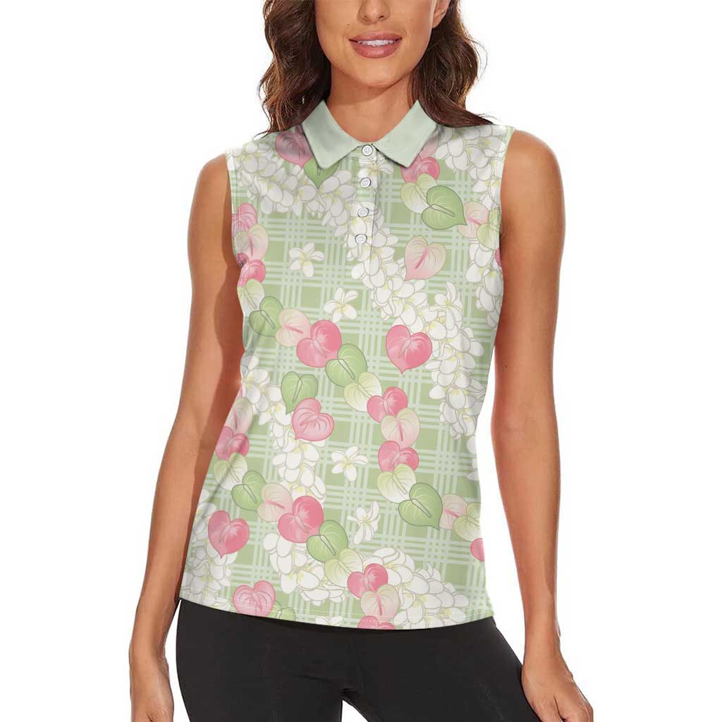 Anthurium Plumeria Lei Pastel Women Sleeveless Polo Shirt Green Hawaiian Splendid Palaka LT01 - Polynesian Pride