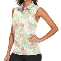 Anthurium Plumeria Lei Pastel Women Sleeveless Polo Shirt Green Hawaiian Splendid Palaka LT01 - Polynesian Pride