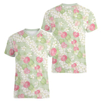 Anthurium Plumeria Lei Pastel Women V-Neck T-Shirt Green Hawaiian Splendid Palaka LT01 - Polynesian Pride