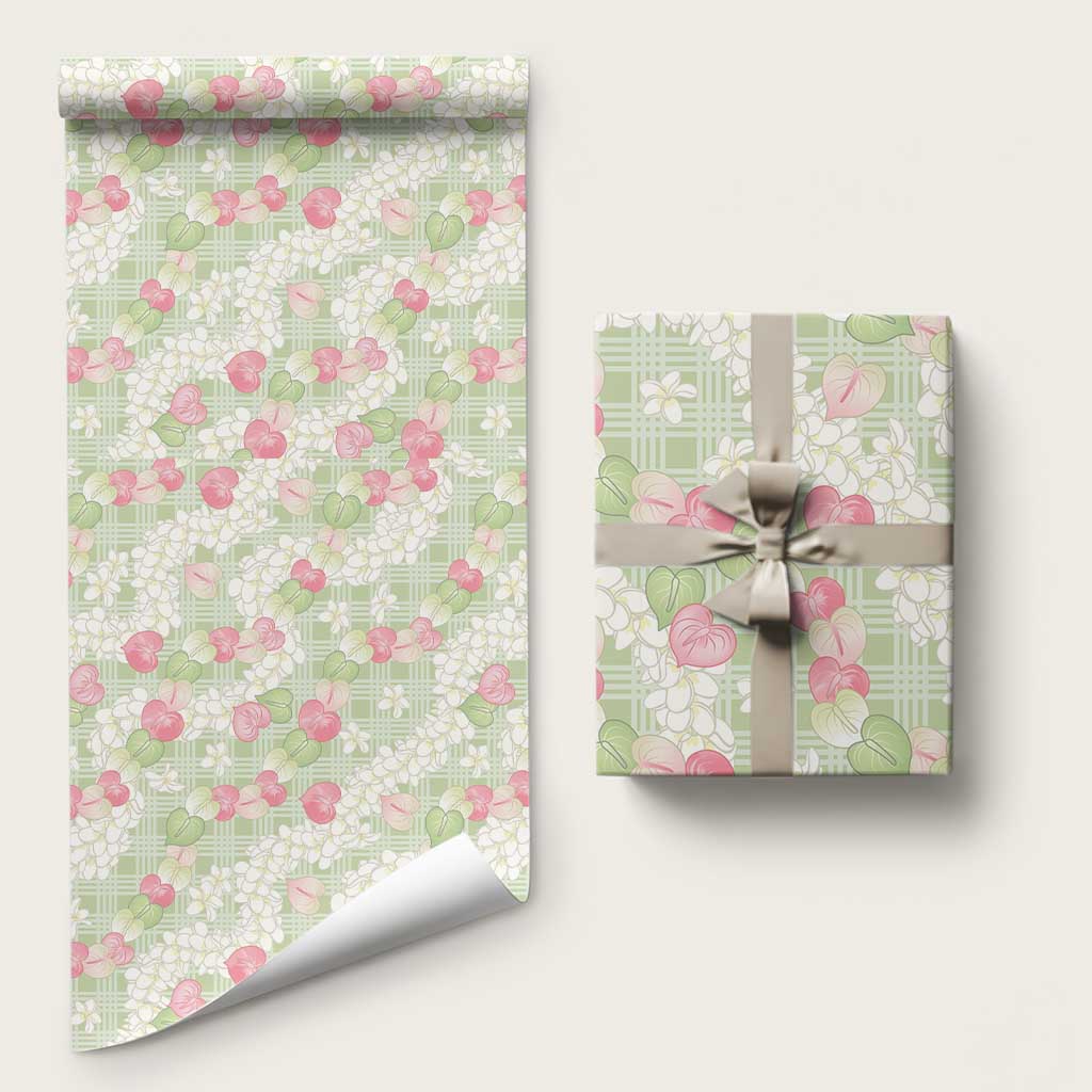 Anthurium Plumeria Lei Pastel Wrapping Paper Green Hawaiian Splendid Palaka LT01 58" × 23" Green - Polynesian Pride
