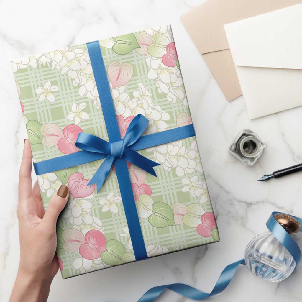 Anthurium Plumeria Lei Pastel Wrapping Paper Green Hawaiian Splendid Palaka LT01 - Polynesian Pride