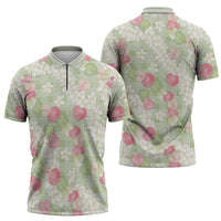 Anthurium Plumeria Lei Pastel Zipper Polo Shirt Green Hawaiian Splendid Palaka