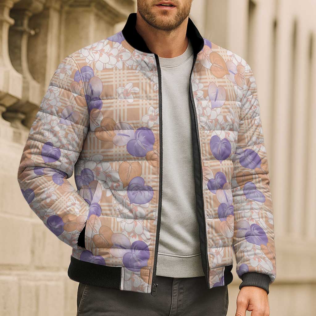 Anthurium Plumeria Lei Pastel Bomber Puffer Jacket Orange Hawaiian Splendid Palaka