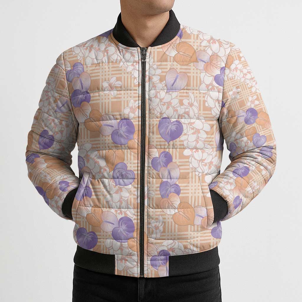 Anthurium Plumeria Lei Pastel Bomber Puffer Jacket Orange Hawaiian Splendid Palaka