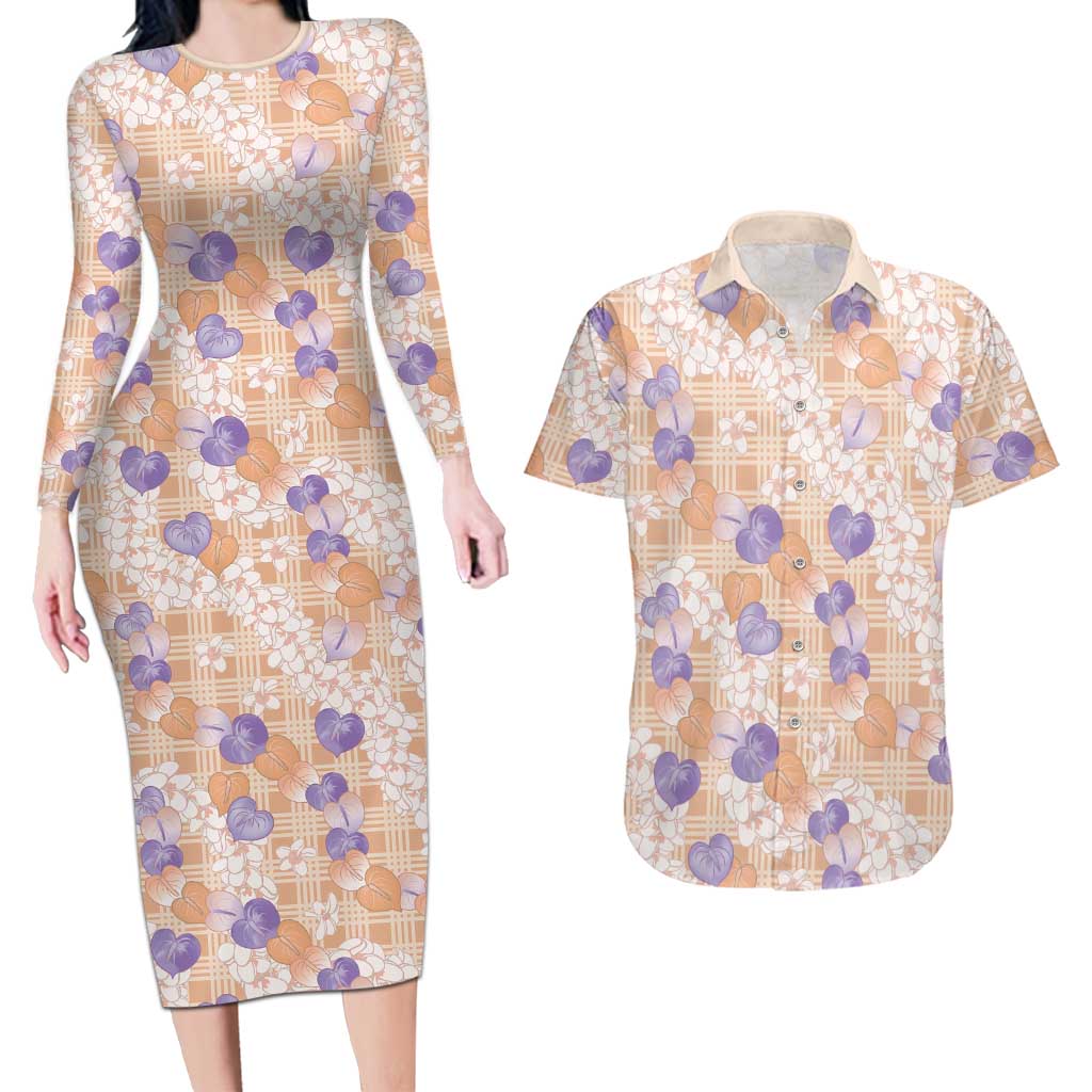 Anthurium Plumeria Lei Pastel Couples Matching Long Sleeve Bodycon Dress and Hawaiian Shirt Orange Hawaiian Splendid Palaka