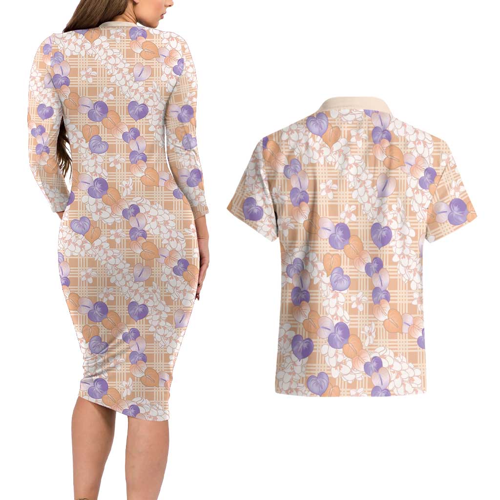 Anthurium Plumeria Lei Pastel Couples Matching Long Sleeve Bodycon Dress and Hawaiian Shirt Orange Hawaiian Splendid Palaka